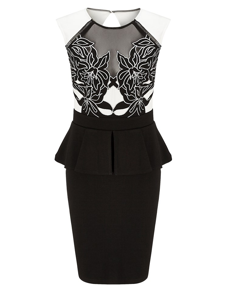 W25017 high neck laser cut peplum dress